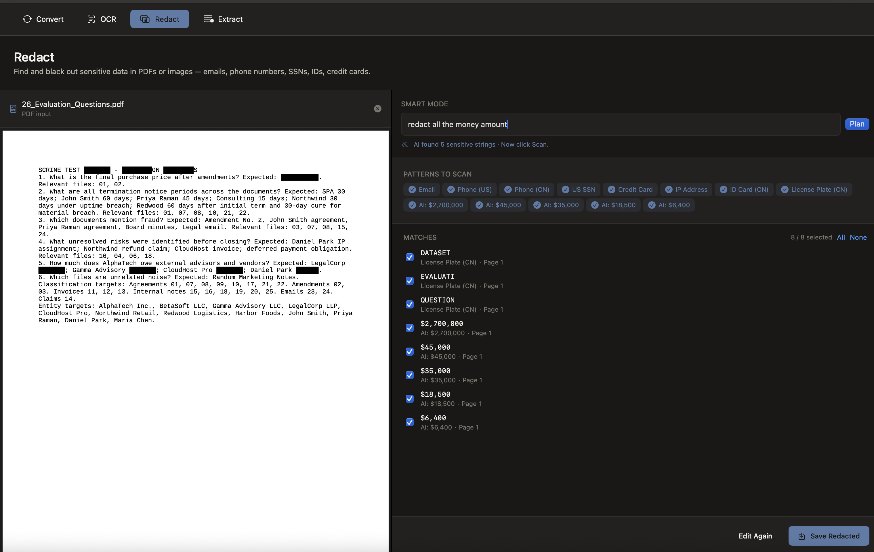 Redact interface